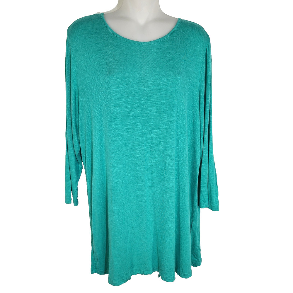 Chico's Women Tunic Top Green Lace Up Tie Back Slub Knit 3/4 Sleeve Size 2 Large